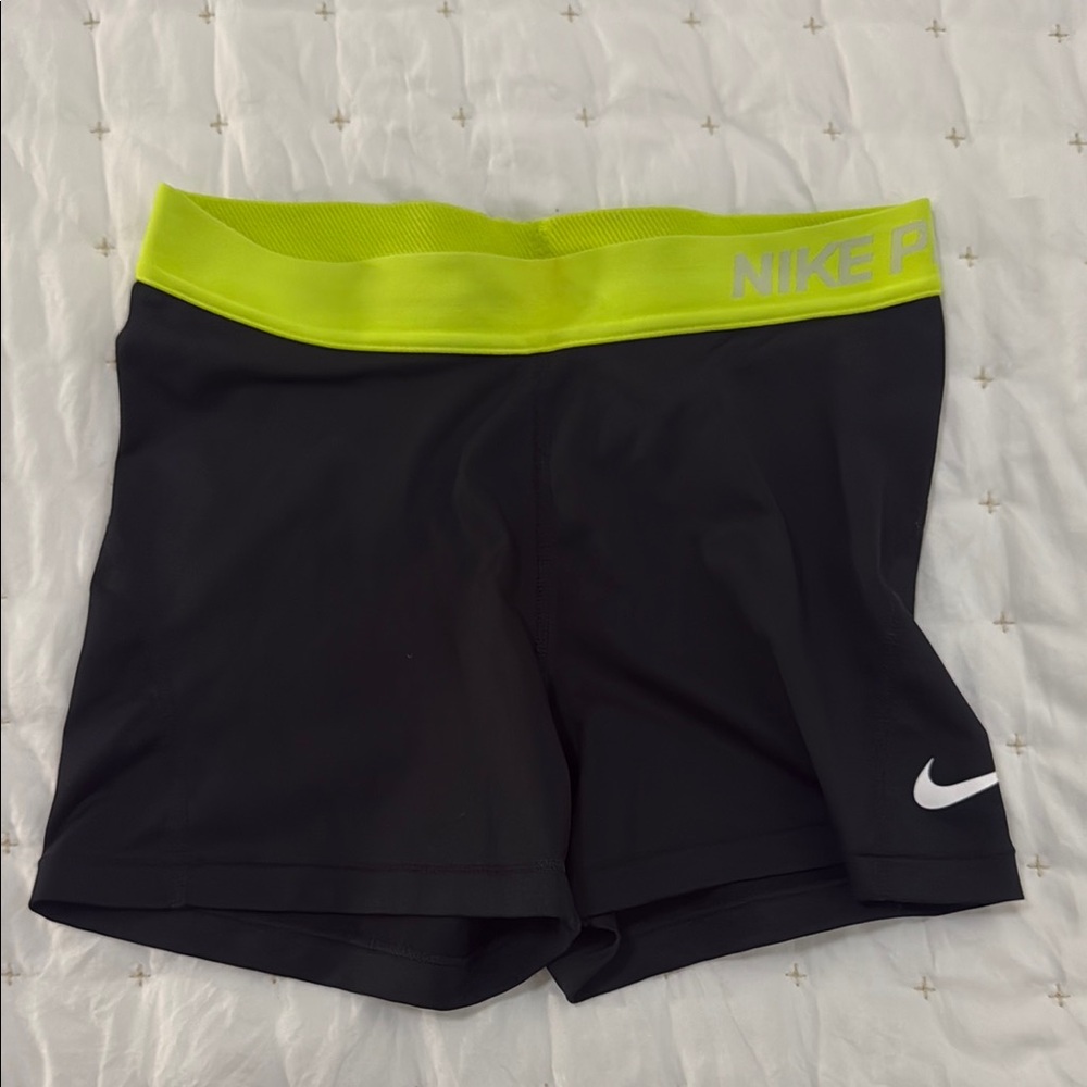 Women’s Nike Black Compression Shorts with Neon Yellow Waistband
